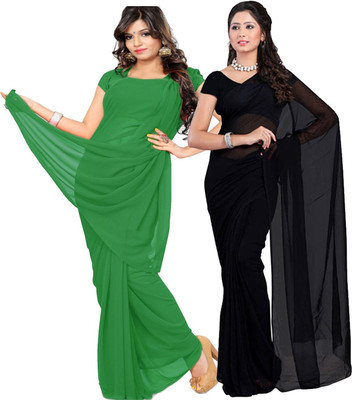 FANCYNINE Solid/Plain Daily Wear Georgette Saree(Pack of 2, Green, Black)