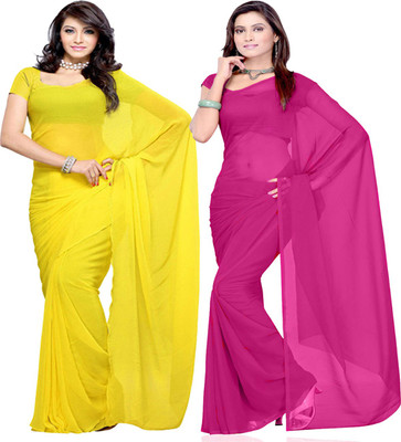 FANCYNINE Solid/Plain Daily Wear Georgette Saree(Pack of 2, Pink, Yellow)