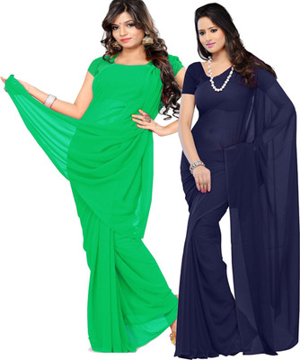 FANCYNINE Solid/Plain Bollywood Georgette Saree(Pack of 2, Green, Blue)