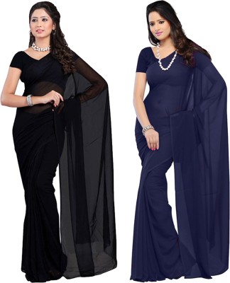 Fancyninee Solid/Plain Bollywood Georgette Saree(Pack of 2, Black, Blue)