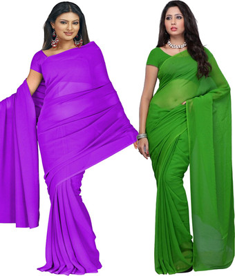 FANCYNINE Solid/Plain Daily Wear Georgette Saree(Pack of 2, Purple, Green)