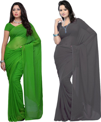 FANCYNINE Solid/Plain Daily Wear Georgette Saree(Pack of 2, Green)
