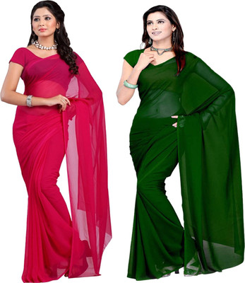 FANCYNINE Solid/Plain Daily Wear Georgette Saree(Pack of 2, Dark Green, Pink)