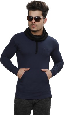 Tees Collection Solid Men Hooded Neck Blue T-Shirt