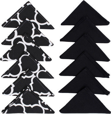 Dekor World Cotton Ogee Printed and Solid Black Cloth Napkins(12 Sheets)