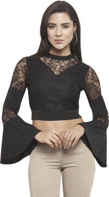 Martini Party Bell Sleeve Self Design Women Black Top