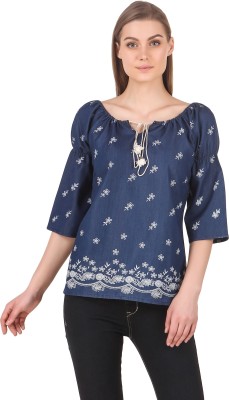 Clo Clu Casual 3/4 Sleeve Printed Women Dark Blue Top