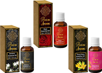 

Precious Aromas Jasmine, Rose & Ylang-Ylang Essential Oil Pack of 3, 100% Natural and Therapeutic Grade(15 ml)
