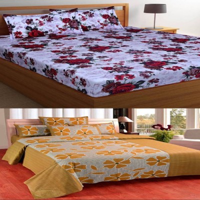 Home Expert 140 TC Polycotton Double 3D Printed Fitted & Flat Bedsheet(Pack of 2, Multicolor)