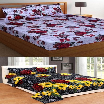 Home Expert 140 TC Polycotton Double 3D Printed Fitted & Flat Bedsheet(Pack of 2, Multicolor)