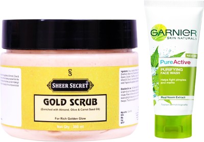 Sheer Secret Gold Scrub 300ml and Garnier Pure Active Neem Face Wash 100ml(2 Items in the set)