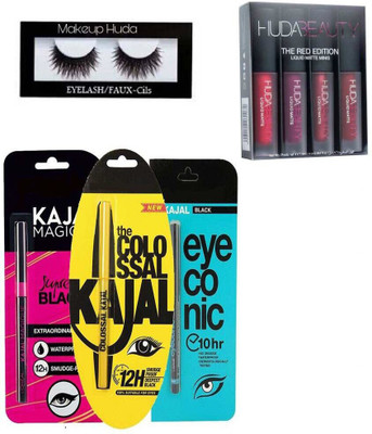 Makeup Huda pack of 3 Kajal Pencil & RED edition LIPSTICK and EYELASH(Set of 5)