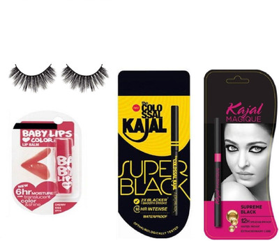 

glowrose mogique superblack kajal combo with baby lips and black unique eyelash(Set of 4)