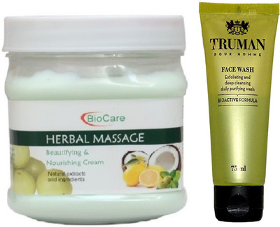 

Biocare HERBAL MASSAGE CREAM 500GM WITH TRUMAN POUR HOMME FACE WASH 75ML(Set of 2)