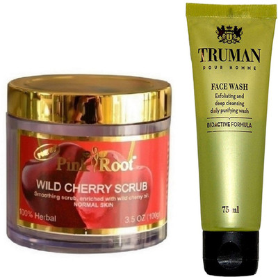 Pink Root WILD CHERRY SCRUB 100GM WITH TRUMAN POUR HOMME FACE WASH 75ML(Set of 2)