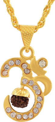 RN Gold Plated CZ Rudraksh Shiva Bholenath Mahadeva Om Word Necklace Chain Pendant Locket For Men and Women Gold-plated Cubic Zirconia Brass Pendant