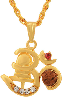 RN Brass Gold Plated CZ 3D om with Shivling Mahadeva Shiva, Necklace Pendant Locket for Men and Women Gold-plated Cubic Zirconia Brass Pendant