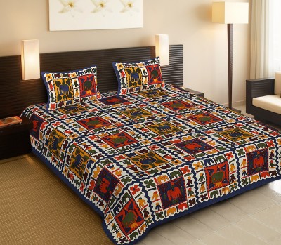 Jaipuri Rajasthani 144 TC Cotton King Animal Flat Bedsheet(Pack of 1, Blue)