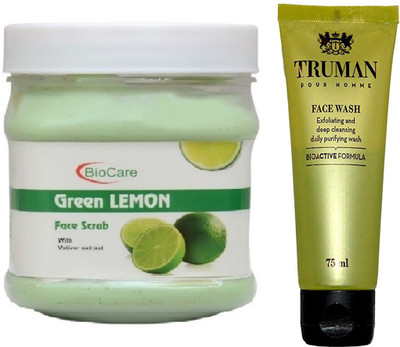

Biocare GREEN LEMON SCRUB 500GM WITH TRUMAN POUR HOMME FACE WASH 75ML(Set of 2)