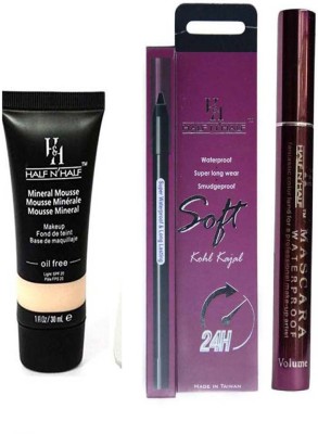 

Half N Half soft kajal, mascara and Mineral Mousse Oil Foundation(E-1,C-32,G-3)(Set of 3)