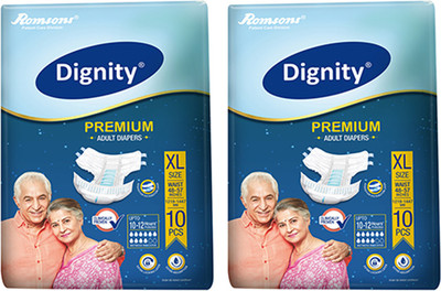 

ROMSONS DIGNITY PREMIUM ADULT DIAPERS, SIZE EXTRA LARGE, 10 Pcs. PACK, COMBO OF 2 PACKS, FOR WAIST SIZE 48"-57" INCHES Adult Diapers - XL(20 Pieces)