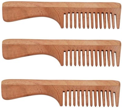 BLITHE PACK OF 3 WIDE TOOTH NEEM WOOD COMB WITH HANDLE(7.5 INCH)