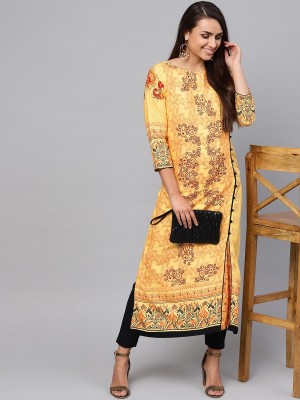 PANNKH Women Printed Frontslit Kurta(Yellow)