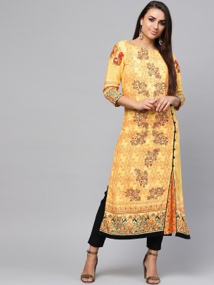 PANNKH Women Printed Frontslit Kurta(Yellow)