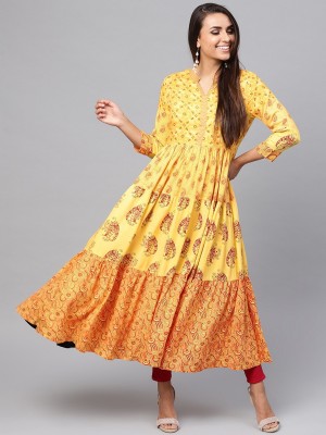 PANNKH Women Printed Flared Kurta(Yellow)