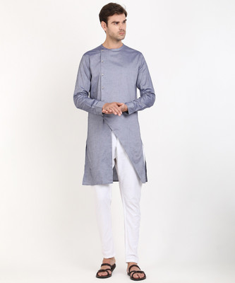 The Indian Garage Co.  - Freehand Men Self Design Asymmetric Kurta(Grey)