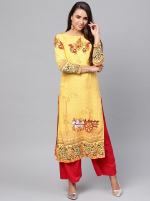 PANNKH Women Printed Straight Kurta(Yellow)