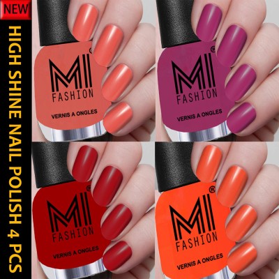 MI FASHION Perfect Stay Shine Nail Polishes Pack of 4 12ml each Peach,Plum,Red,Orange(Pack of 4)