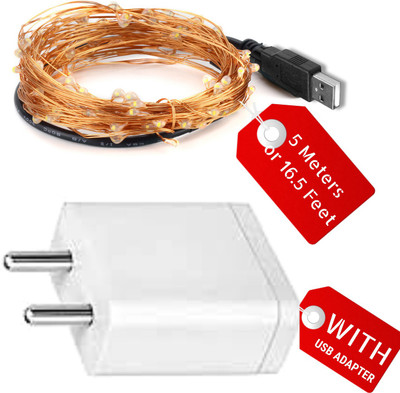 Mansaa 5m, 50 LEDs USB String Lights for All Purpose Decoration with USB Adapter 50 LEDs 5 m Gold, Yellow Steady String Rice Lights(Pack of 1)