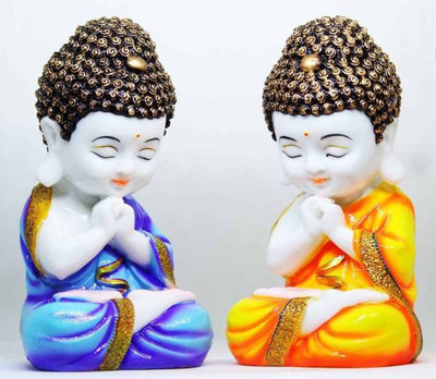 S A Gifts Sai Amrut Beautifully Handcrafted Meditating Monk Buddha Set Home Decor Decorative Showpiece  -  18 cm(Polyresin, Blue, Yellow)