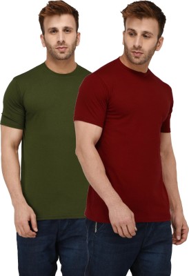 London Hills Solid Men Round Neck Dark Green, Red T-Shirt