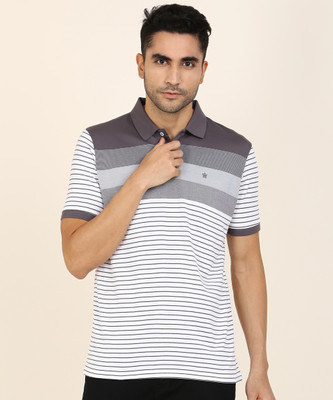 Louis Philippe Striped Men Polo Neck White Grey T-Shirt