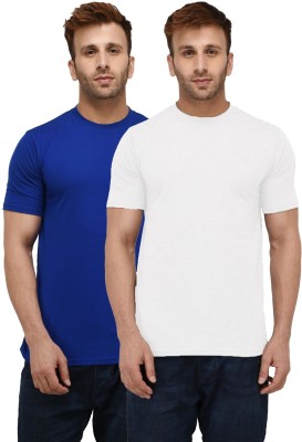 London Hills Solid Men Round Neck White, Blue T-Shirt