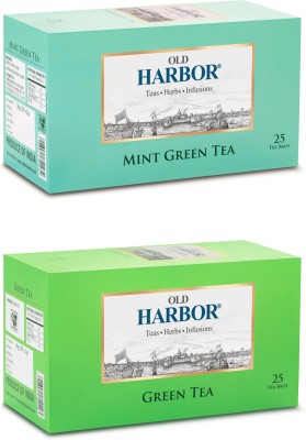 Old Harbor Tea Plain & Mint Green Tea 25 tea bags each Mint, Unflavoured Green Tea Bags Box(2 x 50 g)