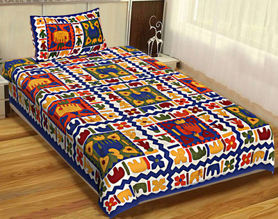 Rangun 144 TC Cotton Single Printed Fitted & Flat Bedsheet(Pack of 1, Blue)