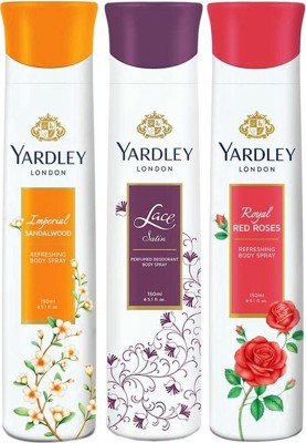 Yardley London Royal red roses, Lace satin and Imperial sandalwood (pack of 3) Perfume Body Spray  -  For Women(150 ml, Pack of 3)