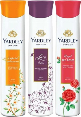 Yardley London Imperial Sandalwood,Royal Red Roses and Lace satin (pack of 3) Deodorant Spray  -  For Women(150 ml, Pack of 3)