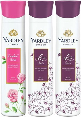 Yardley London English Rose & Lace Satin Deodorant Spray  -  For Women(450 ml, Pack of 3)