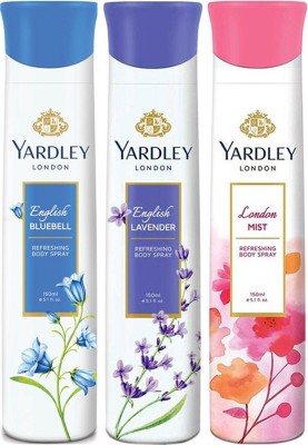 

Yardley London Women English BlueBell, English Lavender and London Mist 150ML Each (Pack of 3) Body Spray - For Women(450 ml, Pack of 3)