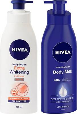 NIVEA SPF 15 Extra Whitening Cell Repair & Nourishing Lotion Body Milk Deep Moisture Serum Body Lotion (2 x 400ml)