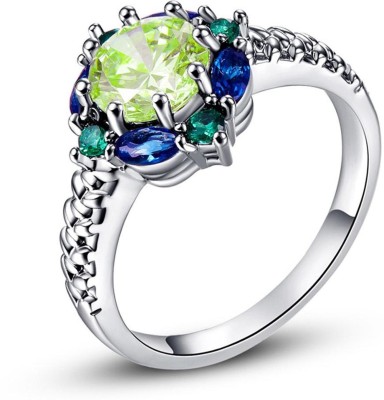 Deevam Flower Blue & Green Stainless Steel Cubic Zirconia Platinum Plated Ring