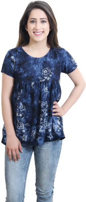 CRAZEVILLA Casual Short Sleeve Floral Print Women Blue Top