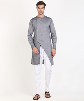 The Indian Garage Co.  - Freehand Men Self Design Asymmetric Kurta(Grey)