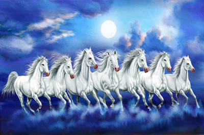 Masstone Vastu Seven Running Horses Sparkle Coated Self Adhesive Wallpaper Without Frame Digital Reprint 24 inch x 36 inch Painting(Without Frame)