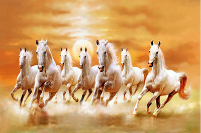 Masstone Vastu Seven Running Horses Sparkle Coated Self Adhesive Wallpaper Without Frame Digital Reprint 24 inch x 36 inch Painting(Without Frame)