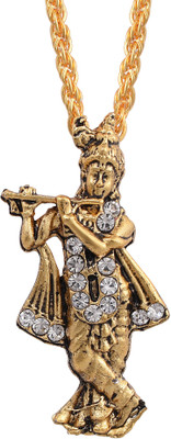 RN RN Gold Covered Antique look CZ Lord Krishna Hindu God Locket necklace chain pendant Temple Jewellery Men & Women Gold-plated Cubic Zirconia Brass Pendant
